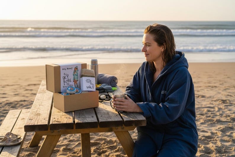 Pu&ograve; includere: Una persona con un accappatoio blu &egrave; seduta a un tavolo da picnic di legno su una spiaggia, con in mano una tazza. Una scatola di cartone con testo e illustrazioni &egrave; sul tavolo, insieme a un thermos, un asciugamano e altri oggetti. La scena &egrave; ambientata sulla spiaggia con il mare sullo sfondo.