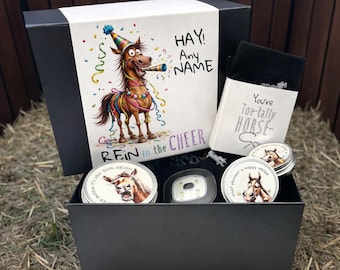 Custom Horsey Gift Box – Horse Lover Birthday – Includes Socks, Torch Hat and Horse Treats