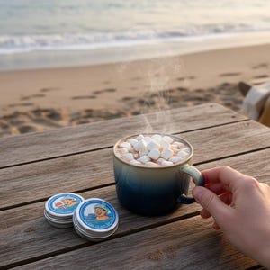Pu&ograve; includere: Una tazza di cioccolata calda con marshmallow su un tavolo di legno vicino alla spiaggia. Due piccole scatole rotonde con etichette blu e bianche sono accanto alla tazza. Una mano tiene la tazza.