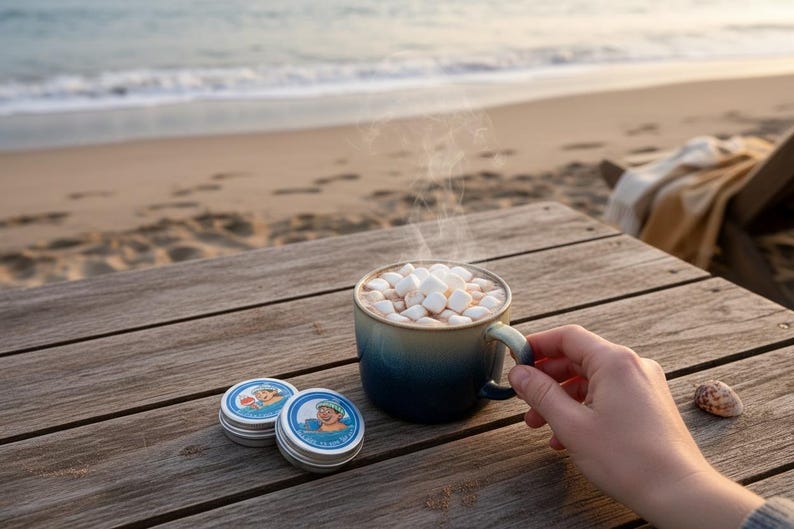 Pu&ograve; includere: Una tazza di cioccolata calda con marshmallow su un tavolo di legno vicino alla spiaggia. Due piccole scatole rotonde con etichette blu e bianche sono accanto alla tazza. Una mano tiene la tazza.