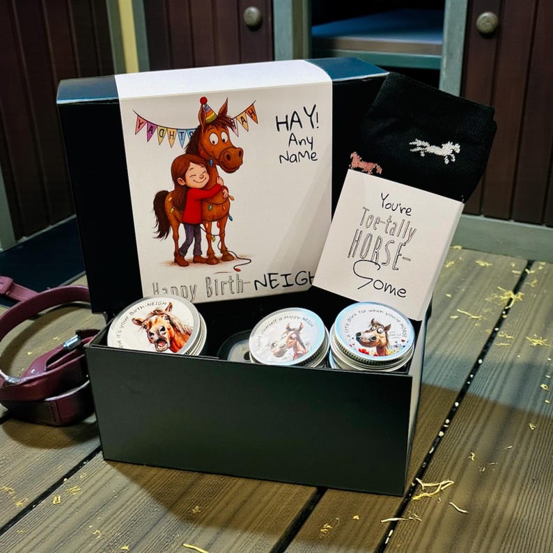 Personalized Equestrian Gift Box – It’s Your Birth-NEIGH – Includes Socks, Beanie and Treats image 8