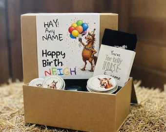 Custom Equestrian Birthday Gift Box – BirthNEIGH  – Includes Socks, Beanie and Treats