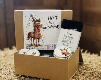 Custom Horsey Gift Box – Horse Lover Birthday – Includes Socks, Torch Hat and Horse Treats