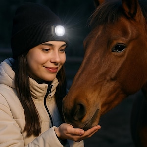 May include: A black beanie with a bright LED light attached to the front. The beanie is worn by a person, who is smiling and looking at a brown horse. The horse is close to the person, with its head and neck visible.