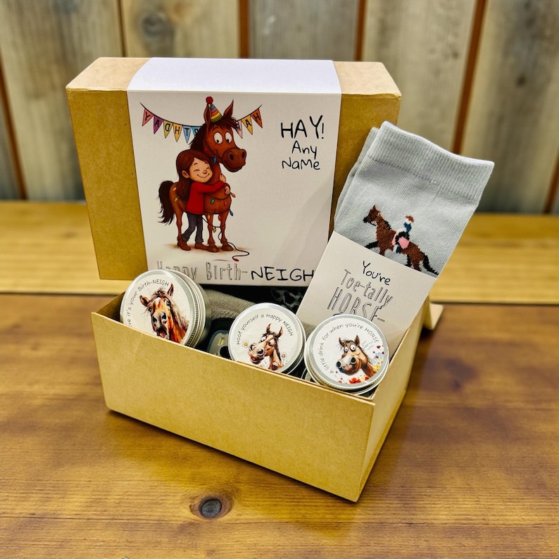 Personalized Equestrian Gift Box – It’s Your Birth-NEIGH – Includes Socks, Beanie and Treats image 6