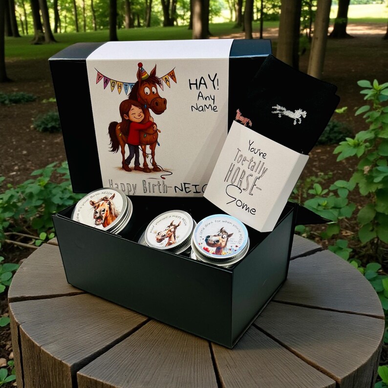 Personalized Equestrian Gift Box – It’s Your Birth-NEIGH – Includes Socks, Beanie and Treats image 2