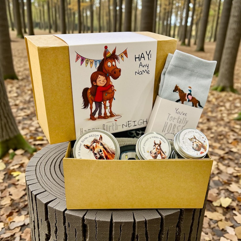 Personalized Equestrian Gift Box – It’s Your Birth-NEIGH – Includes Socks, Beanie and Treats image 1