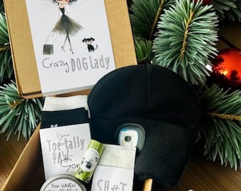 Crazy Dog Lady Gift Box: Paw Print Socks, Beanie with Torch & Dog Walker Treats