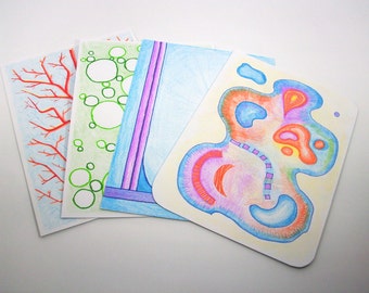4 Postcards-set, hand painted, abstract and coloured, front and rear writable, unlaminated, each card unique