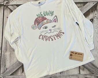 Cat Christmas Shirt; Sequin Shirt; Cat Lovers Shirt; Bleached Shirt; Adult Christmas Tee; Cat Lovers Gift; Christmas Shirt;Long Sleeve Tee;