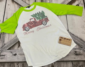 Christmas 2020; Christmas Raglan; Christmas Shirt; 3/4 Shirt; Baseball Tee; Merry Christmas Shirt; Old Truck Shirt; Womens Shirt;