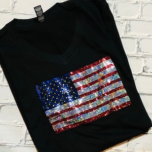 Patriotic Unisex American Flag Sequins Spangle gildan tee shirt; land of the free, home of the brave; 4th of july; Fourth of July