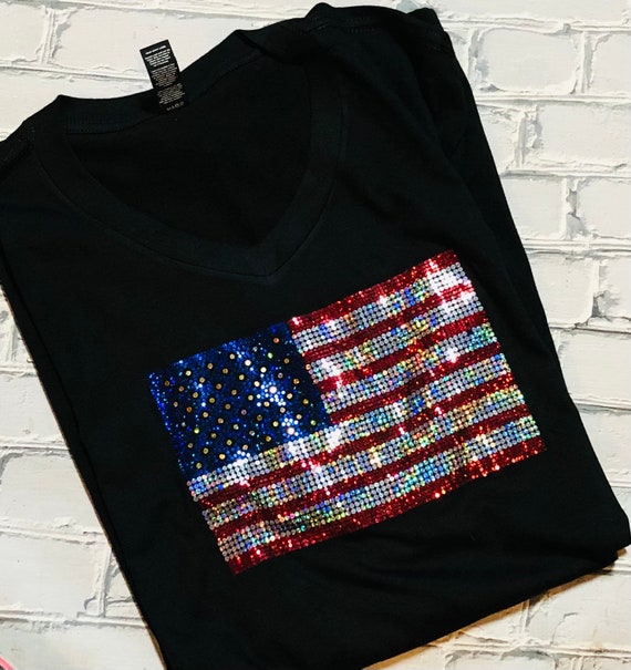 Patriotic Sequin Flag Shirt - Sparkly Spangle American Flag Tee- 4th of July Shirt - USA Pride Shirt - Unisex Glitter Flag Top