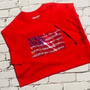 May include: Red Gildan t-shirt with a sequined American flag design.