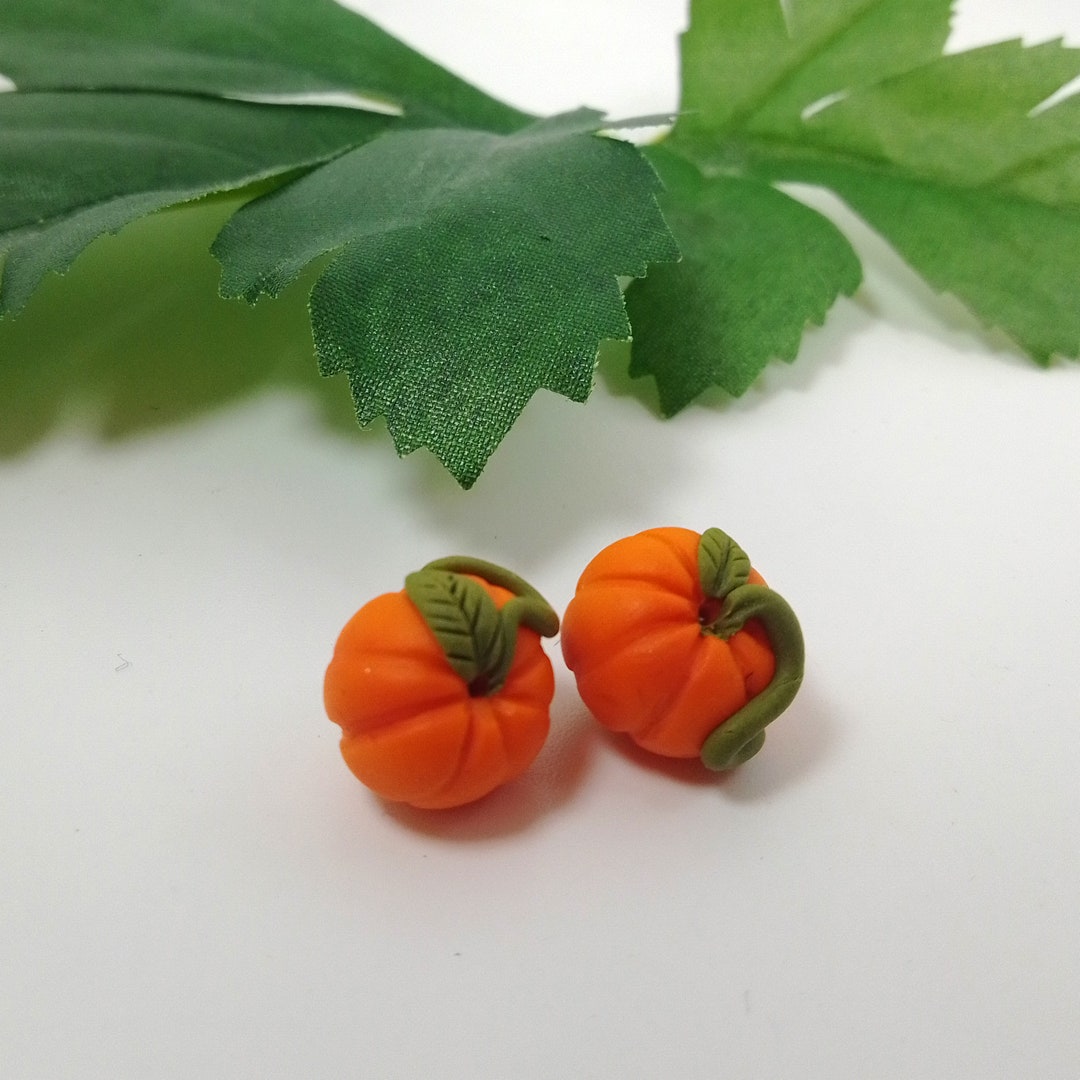 2 Pumpkin Beads Made of Polymer Clay Autumn Jewelry Supply Polymer Clay