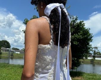 Weiß Crepe Back Satin Braut Haarband, lange Hochzeit Bow Kopfschmuck