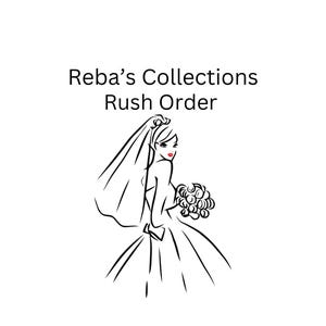 May include: Black and white line drawing of a bride in a wedding dress and veil, holding a bouquet of flowers. The text "Reba's Collections Rush Order" is above the bride.