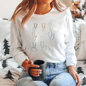 Boho Stethoscopes Medical Long Sleeve Shirt, Registered Nurse Gift, Cute Hospital Worker Tee, Winter Shirt for RN image 1