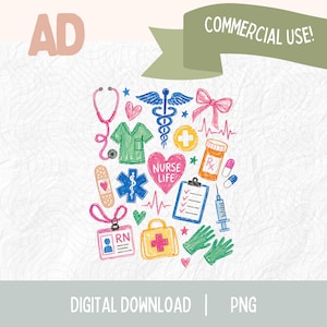 May include: A colorful digital illustration featuring medical symbols and items. Includes a stethoscope, scrubs, a bandage, a caduceus, a heart, a prescription bottle, a syringe, and a nurse's ID badge. Text includes "Nurse Life" and "Commercial Use!"