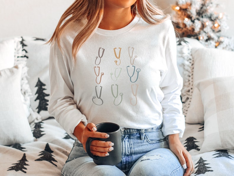 Boho Stethoscopes Medical Long Sleeve Shirt, Registered Nurse Gift, Cute Hospital Worker Tee, Winter Shirt for RN image 1