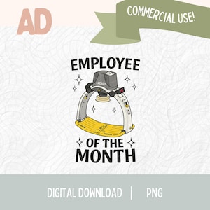 May include: A digital illustration featuring a cartoon-style employee badge with the text "EMPLOYEE OF THE MONTH." The badge is gray, yellow, and black, with a lightbulb design. The words "COMMERCIAL USE!" are in a banner.