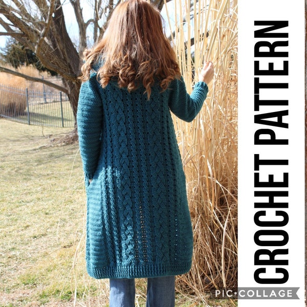 Cozy Cabled Cardigan Crochet Pattern PDF instant download Duster 9 sizes from XS to 5XL