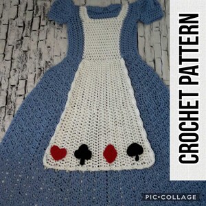 May include: A crochet dress in blue and white with a white apron and red and black playing card symbols. The dress is crocheted in a simple stitch and has a scalloped hem. The dress is perfect for a child's costume or for everyday wear.