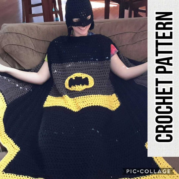 Wearable Super Hero Blanket, crochet pattern, Bat, Black, Yellow, Cape, PDF Only, Digital Download, Toddler, Child, Adult sizes