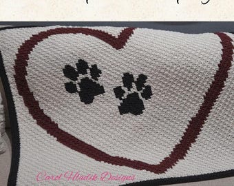 Paws On My Heart Blanket Pattern PDF - Intermediate Aran Yarn Throw Pattern - corner to corner - C2C- Dog