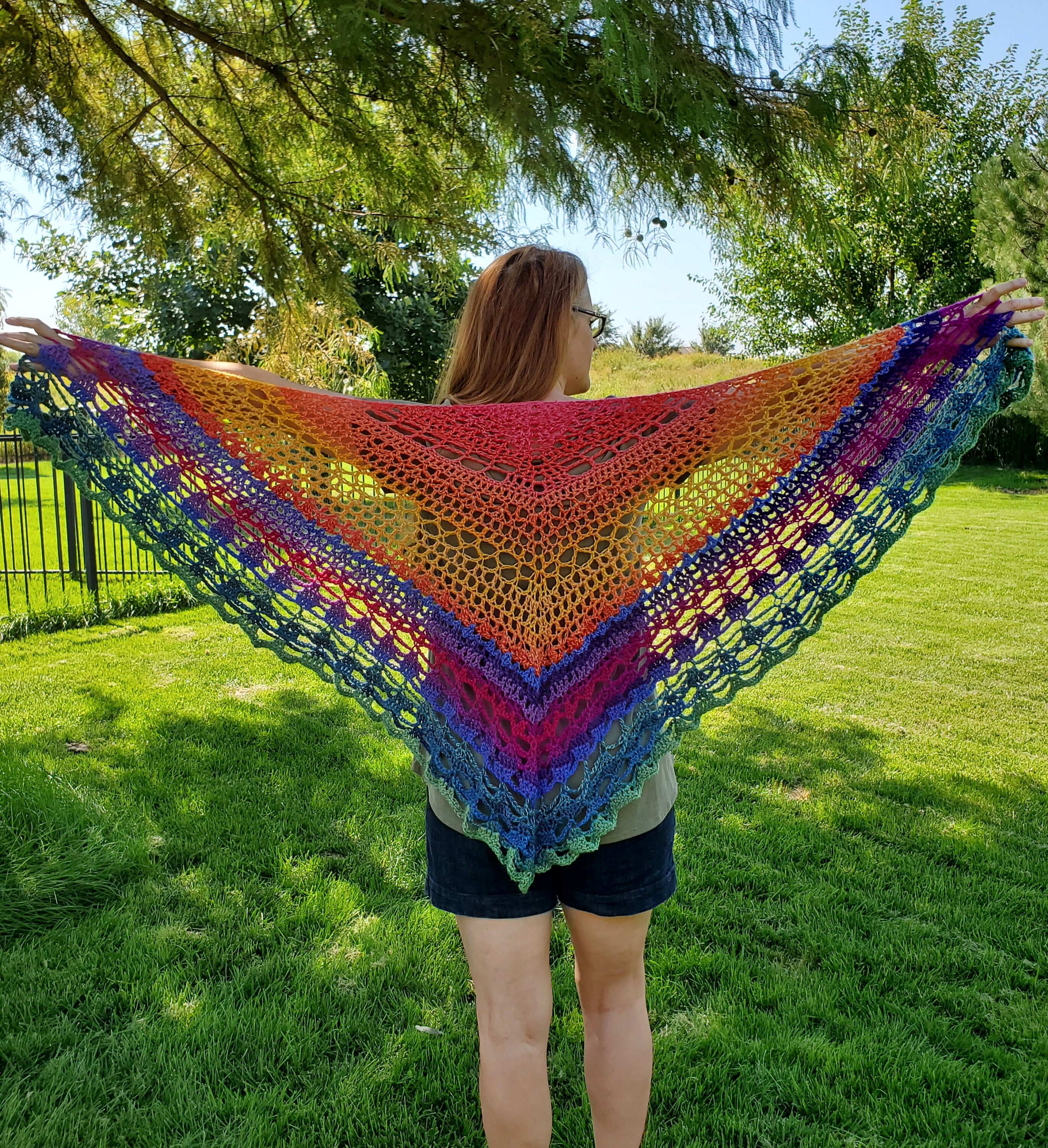 Lacy Sunset Shawl Crochet Pattern: Chroma Twist Rainbow Wrap (PDF