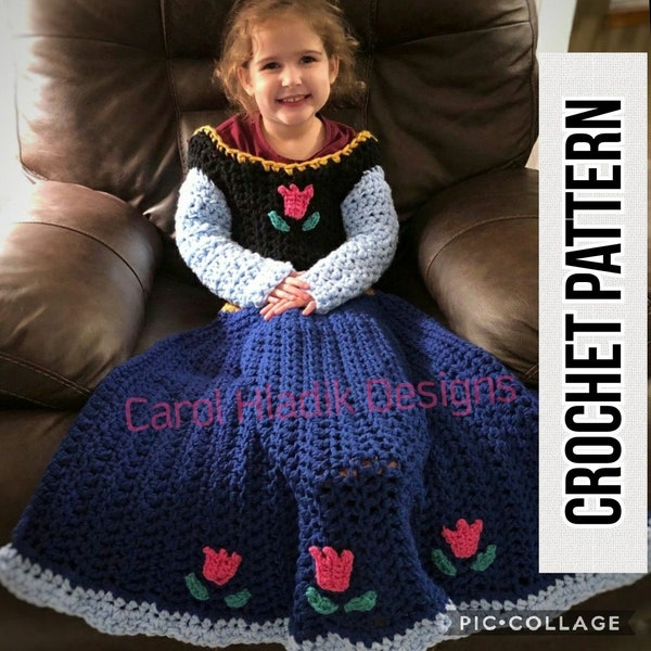 Modèle de crochet de couverture de robe de princesse scandinave PDF téléchargement instantané, couverture portable, tout-petit, enfant, tailles adultes terminologie américaine