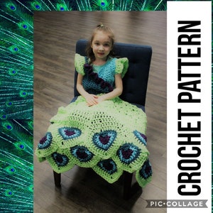 Peacock Princess Dress Blanket Crochet Pattern PDF instant download instructions, toddler, child, adult sizes
