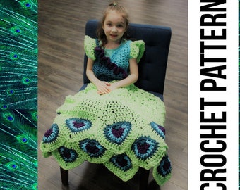 Peacock Princess Dress Blanket Crochet Pattern PDF instant download instructions, toddler, child, adult sizes