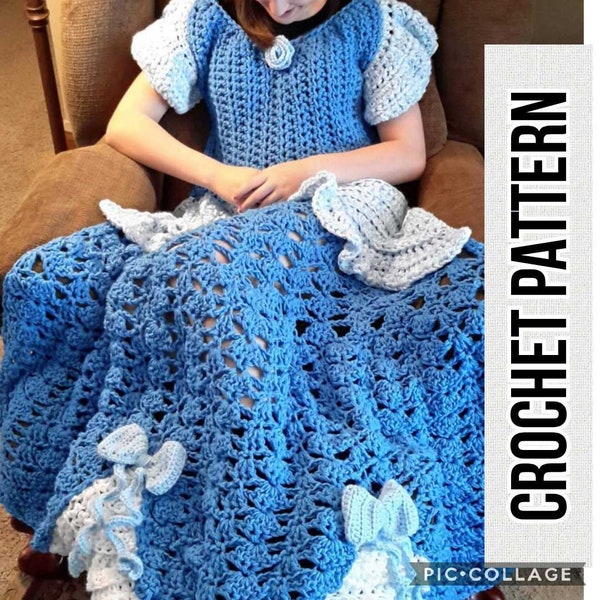 Princess Dress Blanket, blue, crochet pattern, Digital Download, PDF only, toddler, child, and adult sizes