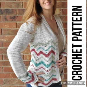 Comfy Chevron Cardigan Crochet Pattern PDF instant download sweater striped size inclusive XS to 5XL image 1