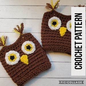 Può includere: Due copri-tazza a forma di gufo all'uncinetto marroni con dettagli bianchi, gialli e neri. Gli occhi del gufo sono bianchi con centri gialli e neri, e il becco è giallo. Ogni copri-tazza ha frange gialle e marroni nella parte superiore.