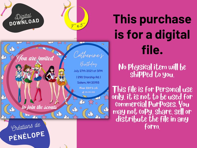 DIGITAL PRINTABLE Sailor Moon Birthday Party Invitation - Etsy