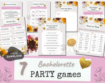 Puede incluir: Siete juegos imprimibles para la despedida de soltera con temática floral. Los juegos incluyen "Quiz the Groom", "Lingerie Shower Bingo", "Kiss the Miss Goodbye", "Scavenger Hunt", "Drink If... Bachelorette Edition", "How Well Do You Know the Bachelorette?" y "This or That".