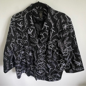 Silkland Woman 100% Silk One-Button Blazer • Floral Abstract Black White • 1X