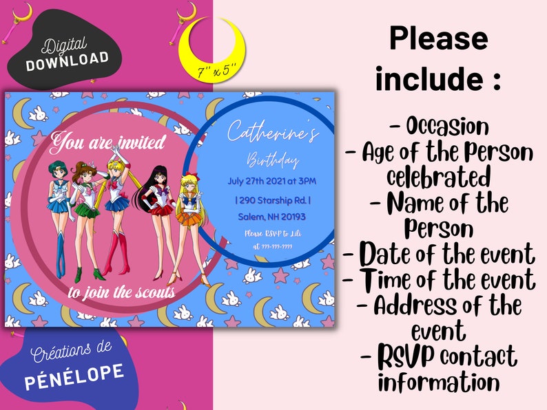 DIGITAL PRINTABLE Sailor Moon Birthday Party Invitation - Etsy