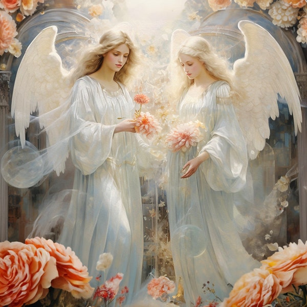 Heavenly Angels Portrait Digital Download - Ethereal Wall Art, Serene Angelic Decor, Instant Printable Artwork