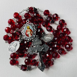 Sacred Heart Red Glass 10mm Rosary with Pardon Crucifix