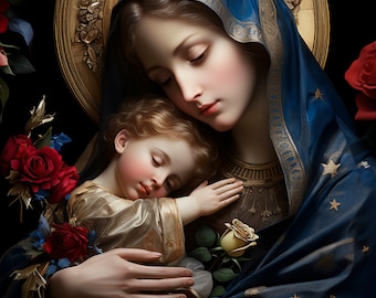 May include: A painting of the Virgin Mary holding a sleeping baby Jesus. The painting is done in a realistic style and features a blue and gold color scheme. The Virgin Mary is wearing a blue robe with gold trim and a gold crown. The baby Jesus is wearing a white robe. The painting is set against a dark background.