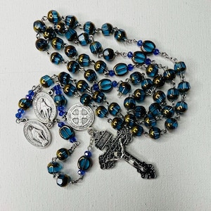 Handmade 8mm Blue Glass Our Lady Rosary with Pardon Crucifix