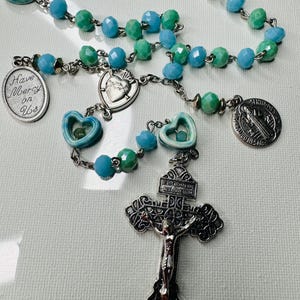 Handmade Sacred Heart 6mm Blue Bead Rosary with Pardon Crucifix