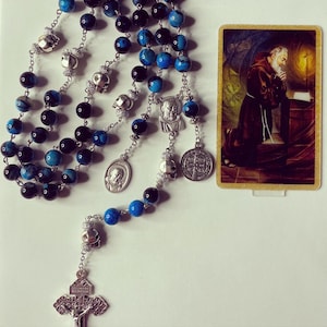 The Chosen Rosary 10mm Padre Pio Aqua/Black Agate Beads with Pardon Crucifix