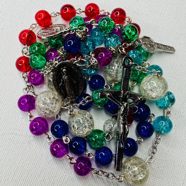 Handmade 6mm Multi-Colored Miraculous Medal Rosary with Papal Crucifix