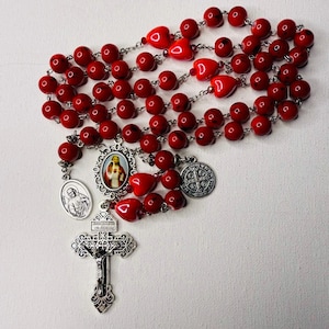 Handmade Sacred Heart Red 8mm Rosary | Glass and Heart Beads