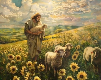 May include: A painting depicting a man in a long robe holding a lamb in his arms. The man is surrounded by a field of sunflowers and sheep. The sky is bright blue with white clouds and a sun shining down.