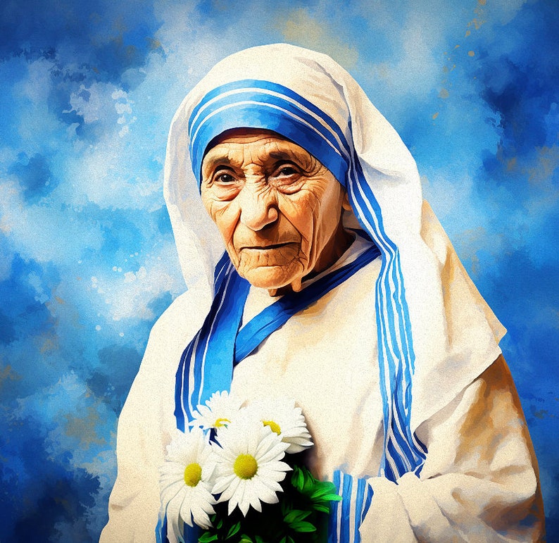 May include: A portrait of a woman wearing a white and blue sari with a bouquet of white daisies in her hands. The background is a blue watercolor wash.